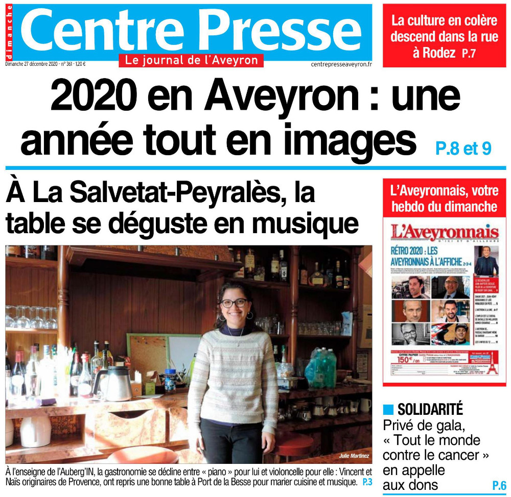capture de la couverture du journal quotidien Centre Presse Aveyron : « À La Salvetat-Peyralès, la table se déguste en musique »