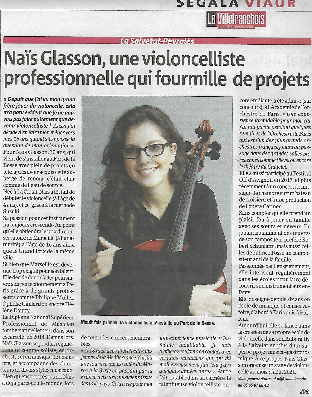 capture d'un article dans le journal hebdomadaire Le Villefranchois : « Naïs Glasson, une violoncelliste professionnelle qui fourmille de projets »