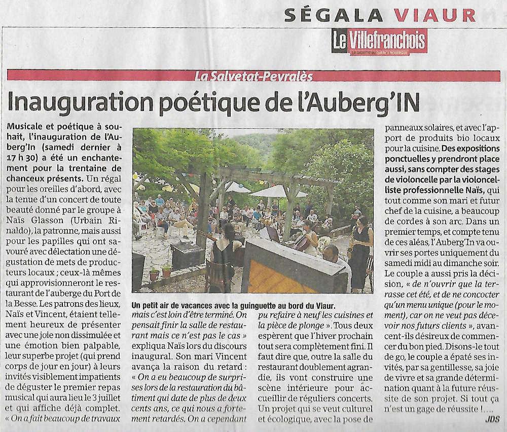 capture d'un article dans le journal hebdomadaire Le Villefranchois : « Inauguration poétique de l'Auberg'IN »